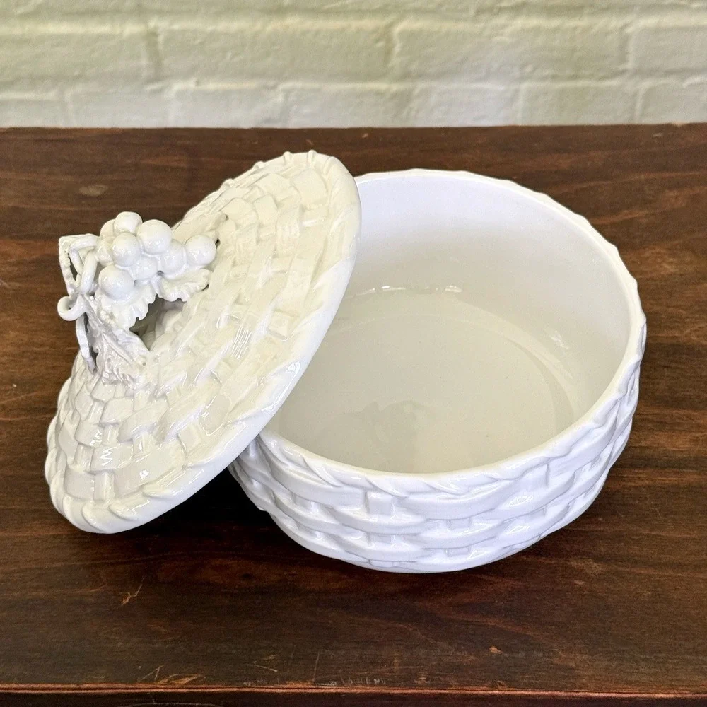 Vintage Italian White Ceramic Basketweave Lidded Dish Grape Motif Made in Italy